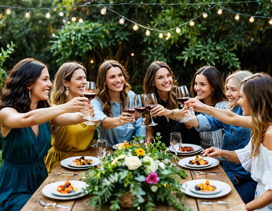 A cheerful gathering of friends raising their wine glasses in a warm, sunlit outdoor setting, surrounded by lush greenery and fairy lights. The table is adorned with wine bottles, delicious appetizers, and vibrant floral arrangements, creating an atmosphere of joy and celebration. Capture the smiles and laughter among diverse friends, emphasizing the bond of friendship celebrated with wine. vibrant colors. super-realistic.