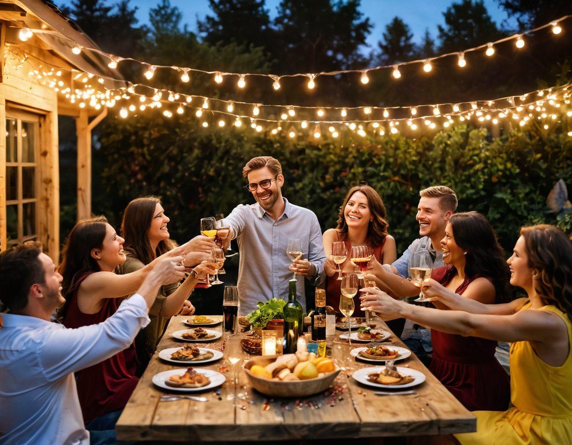 A vibrant outdoor gathering scene filled with diverse wine lovers laughing and toasting with glasses of wine. Colorful decorations, string lights, and a rustic wooden table laden with various wine bottles and delicious gourmet snacks create a joyful atmosphere. Add an air of celebration with confetti gently falling around, and a picturesque sunset in the background. The overall feel should be warm and inviting, capturing the essence of community and joy. super-realistic. vibrant colors. 3D.