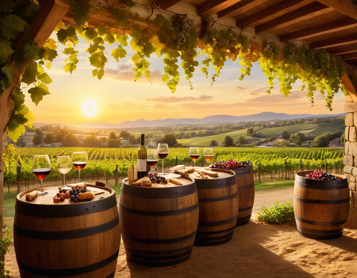 A warm, inviting vineyard scene at sunset, with friends clinking wine glasses amidst lush grapevines and wooden barrels. The atmosphere exudes joy and connection, showcasing diverse groups enjoying wine tastings together with laughter and smiles. Soft golden light enhances the beauty of the grapes and the rustic charm of the setting. super-realistic. vibrant colors. warm tones.